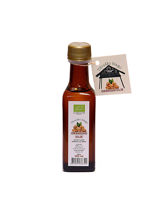 Tikveško Blago organic walnut oil in a dark bottle of 100ml