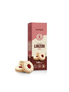 Nutrigold gluten free raspberry filled Linzer tea cookies in a packaging of 130g