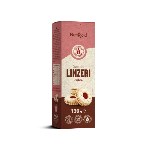 Nutrigold gluten free raspberry filled Linzer tea cookies in a packaging of 130g