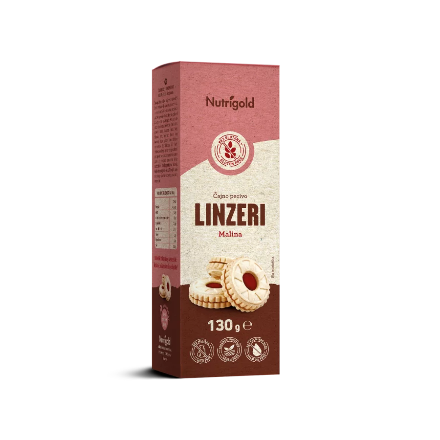Nutrigold gluten free raspberry filled Linzer tea cookies in a packaging of 130g