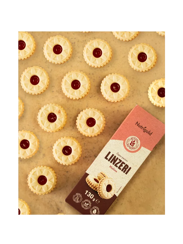 Nutrigold gluten free raspberry filled Linzer tea cookies in a packaging of 130g