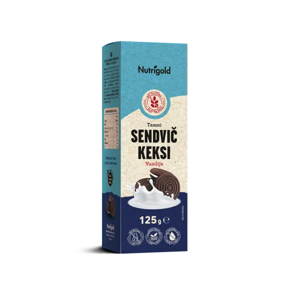 Nutrigold gluten free chocolate sandwich cookies with vanilla in a packaging of 125g