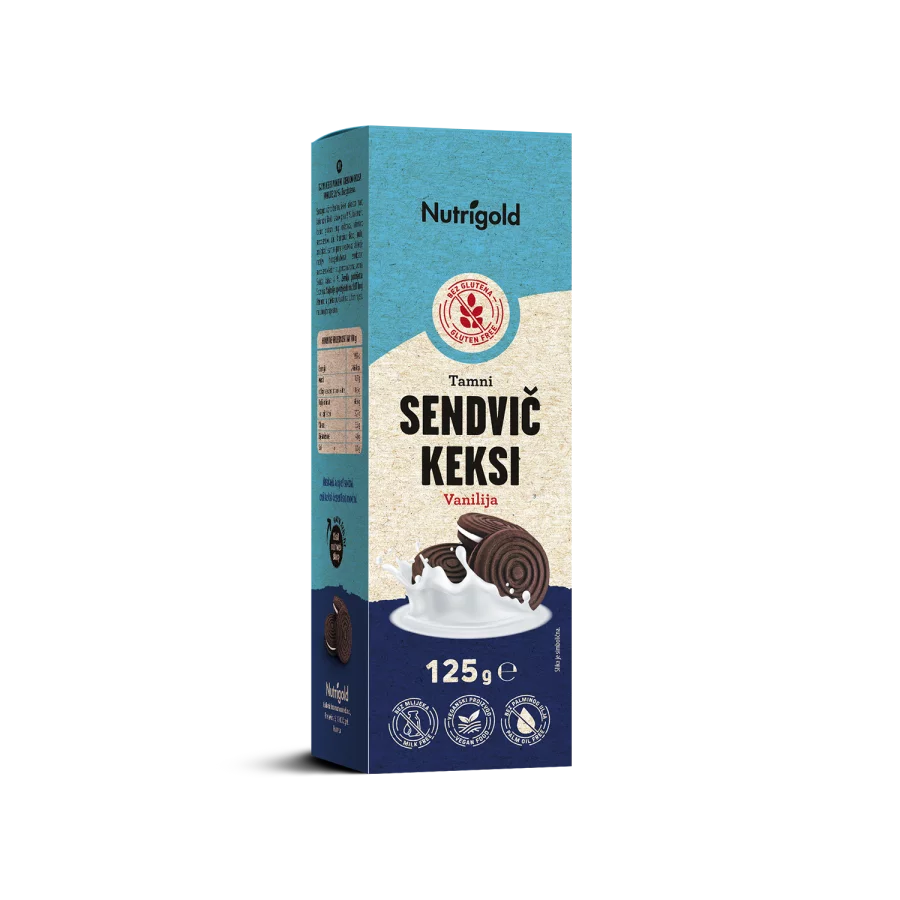 Nutrigold gluten free chocolate sandwich cookies with vanilla in a packaging of 125g