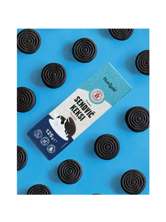 Nutrigold gluten free chocolate sandwich cookies with vanilla in a packaging of 125g