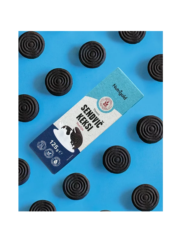 Nutrigold gluten free chocolate sandwich cookies with vanilla in a packaging of 125g