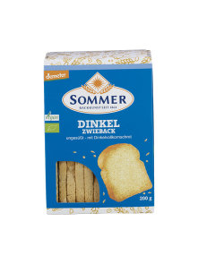 Sommer organic spelt rusk in a blue cardboard packaging of 200g