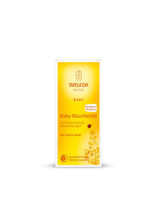 Weleda baby tummy oil in a yellow cardboard packaging of 50ml