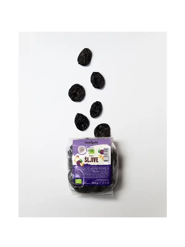 Ntrigold organic prunes in a transparent packaging of 200g
