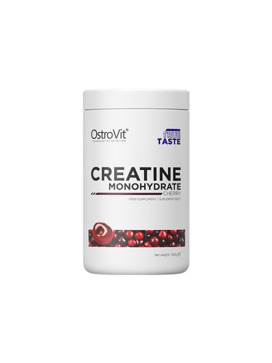 Ostrovit cherry flavoured creatine monohydrate in a plastic container containing 500g
