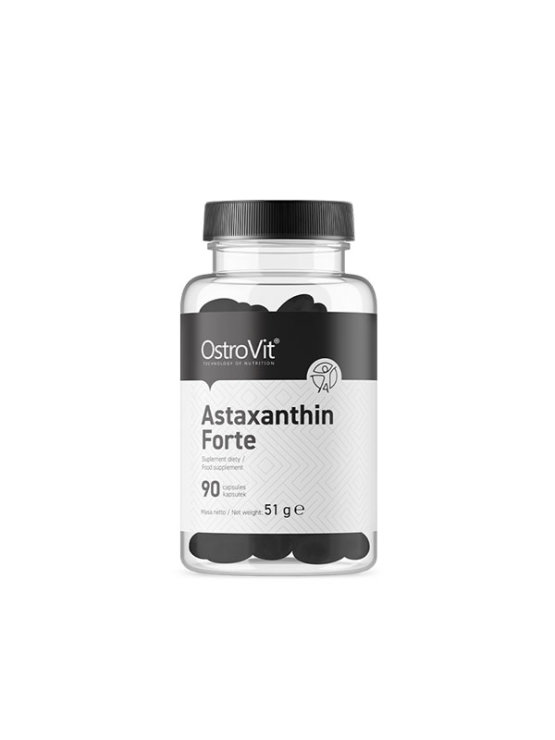 Ostrovit Astaxanthin FORTE in a transparent plastic packaging containing 90 capsules