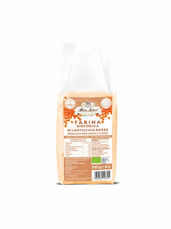 Pasta Natura organic gluten-free red lentil flour in  a transparent packaging of 500g