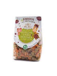 Pasta Natura red lentil and green pea animal-shaped pasta in a transparent packaging of 250g