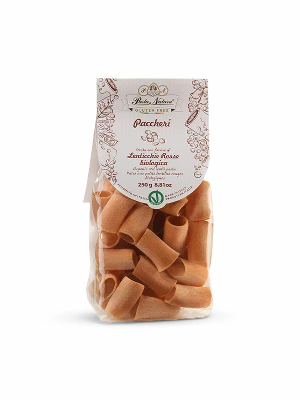 Pasta Natura organic and gluten free red lentil Paccheri pasta in a transparent packaging of 250g
