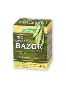 DARvitalis organic elderflower tea in a green cardboard packaging of 40g