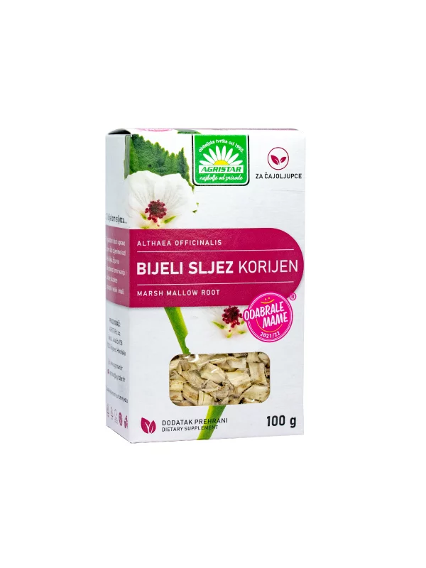 Agristar marsh mallow root tea in a white cardboard packaging of 50g