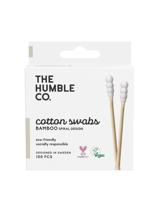 Humble Brush bamboo cotton ear buds with white spiral tip in a cardboard packaging containing 100pcs