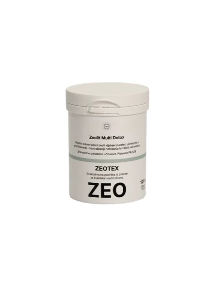 Zeotex 100% natural Clinoptilolite premium zeolite in a white plastic container of 120g