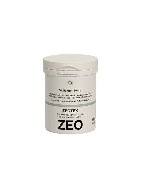 Zeotex 100% natural Clinoptilolite premium zeolite in a white plastic container of 120g