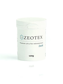 Zeotex 100% natural Clinoptilolite premium zeolite in a white plastic container of 120g