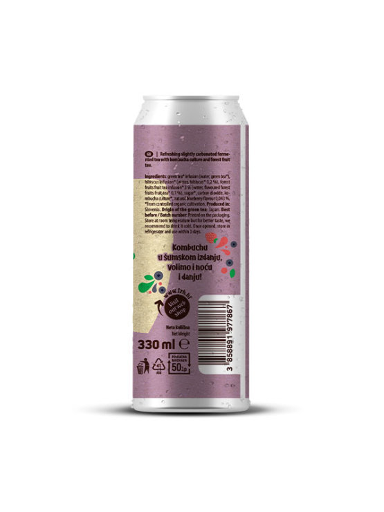 Nutrigold organic forest fruit kombucha in a purple can of 330ml