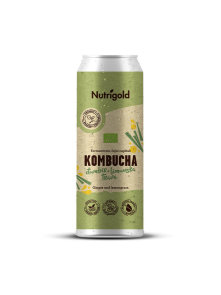 Nutrigold organic ginger & lemongrass kombucha in a green can of 330ml