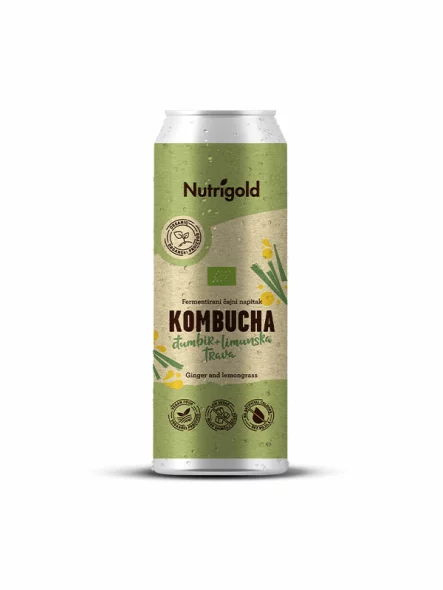 Nutrigold organic ginger & lemongrass kombucha in a green can of 330ml
