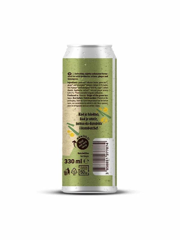 Nutrigold organic ginger & lemongrass kombucha in a green can of 330ml