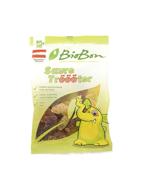 BioBon organic and gluten free sour gummies in the shape of a baby elephant in a packaging of 100g