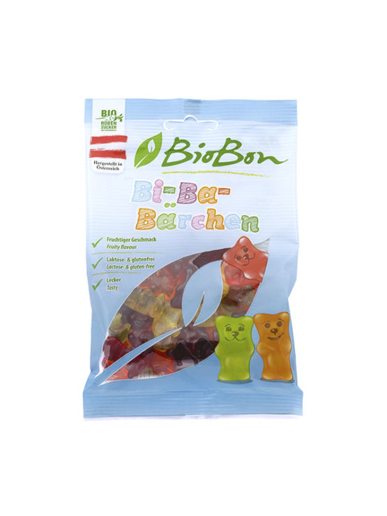 BioBon organic, gluten free and vegan fruit gummy bears in a bag of 100g