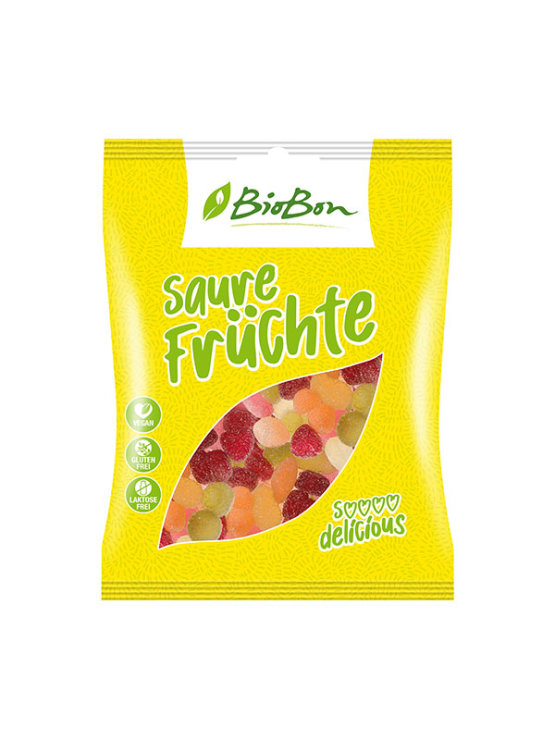 BioBon organic and gluten free vegan sour fruit gummies in a bag of 100g