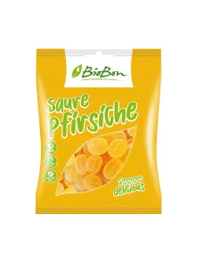 BioBon sour peach flavoured gummies in a packaging of 100g