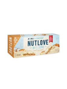 All Nutrition Nutlove white cookies with coconut, caramel and peanuts in a cardboard packaging of 128g