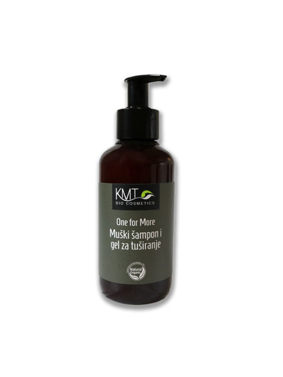 KMT Bio Cosmetics 2in1 hair shampoo and shower gel in a dark plastic packaging of 200ml