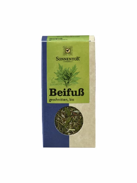 Sonnentor organic mugwort in a blue cardboard packaging of 25g