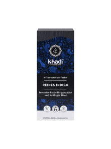 Khadi natural hair colour indigo in a dark blue cardboard packaging of 100g