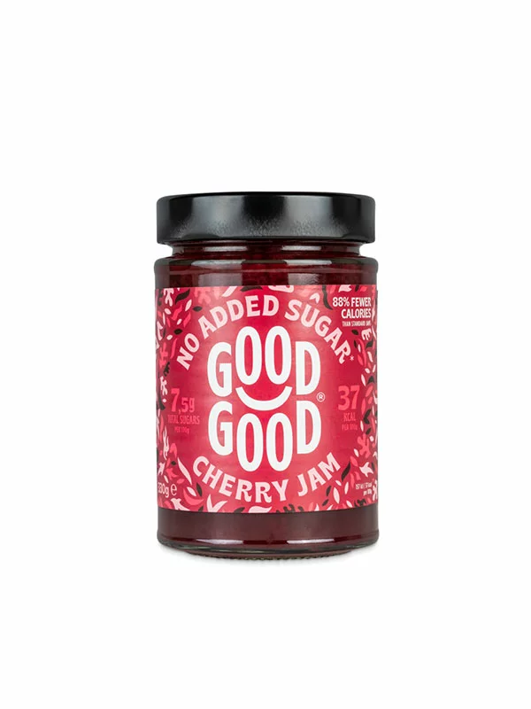 Good Good cherry jam with stevia and no added sugar in a glass jar of 330g