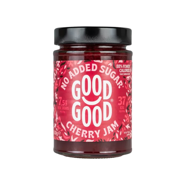 Good Good cherry jam with stevia and no added sugar in a glass jar of 330g