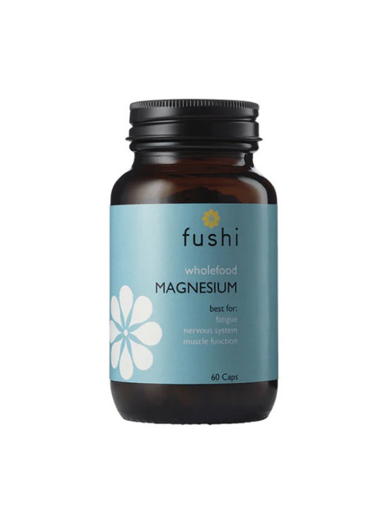 Fushi whole food magnesium in a glass container containing 60 capsules.