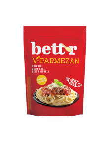 Bett'r organic vegan parmesan in a red packaging containing 150g