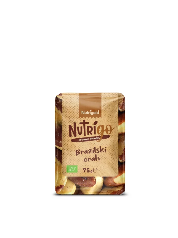 Nutrigold organic Brazil nuts in a transparent NutriGO packaging of 100g