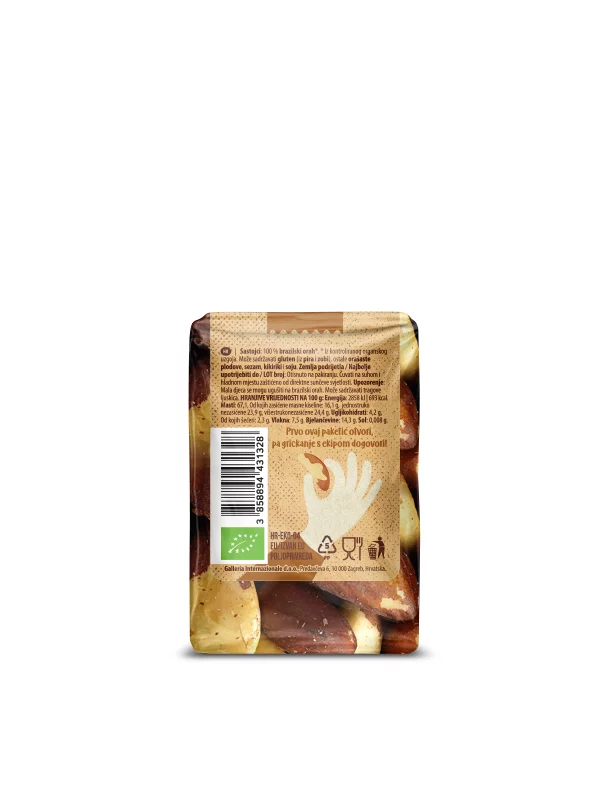Nutrigold organic Brazil nuts in a transparent NutriGO packaging of 100g
