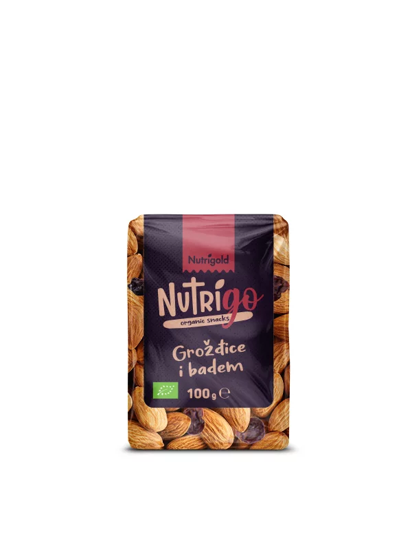 Nutrigold organic almonds and raisins NutriGO packaging of 100g
