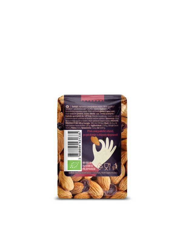 Nutrigold organic almonds and raisins NutriGO packaging of 100g