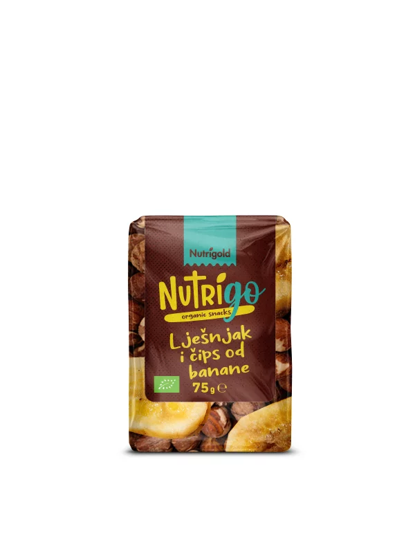 Nutrigold organic hazelnuts and banana chips in a NutriGO transparent packaging of 75g