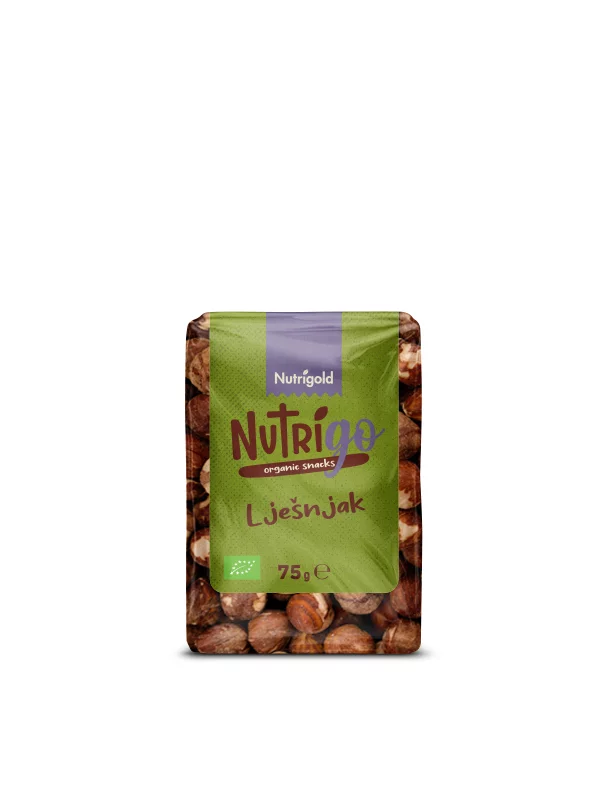 Nutrigold organic NutriGo hazelnuts in a transparent packaging of 75g