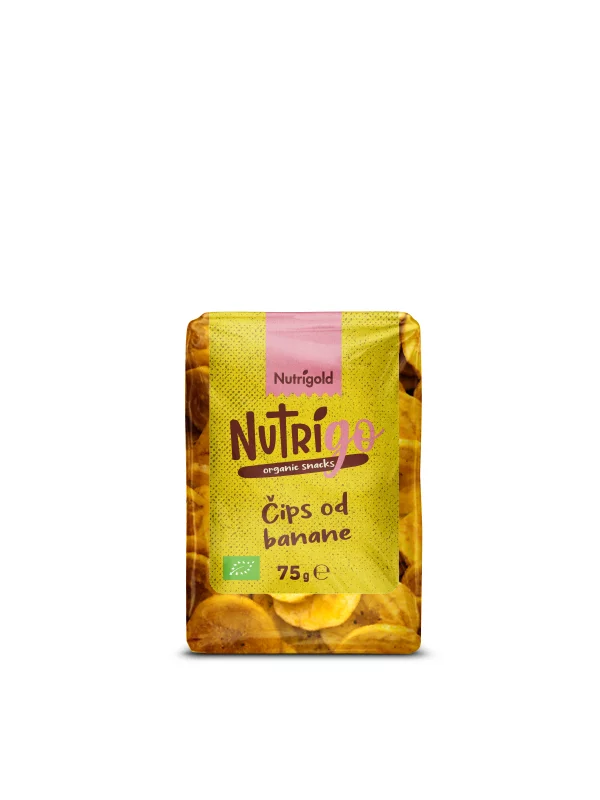 Nutrigold organic banana chips in a transparent packaging of 75g