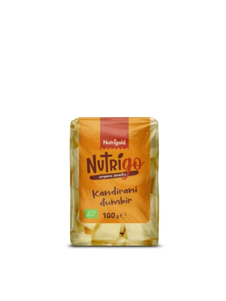 Nutrigold organic candied ginger in a transparent packaging of 100g