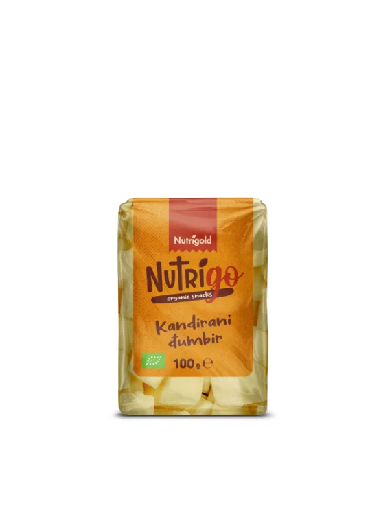 Nutrigold organic candied ginger in a transparent packaging of 100g