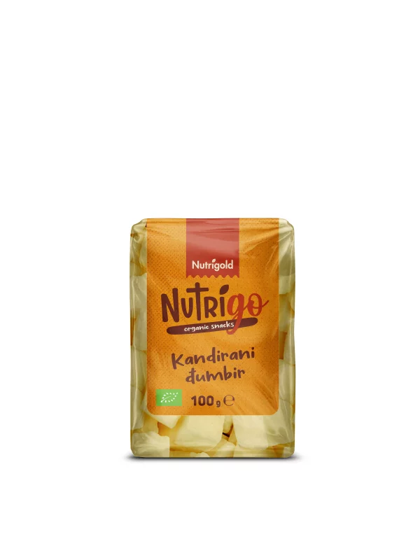 Nutrigold organic candied ginger in a transparent packaging of 100g