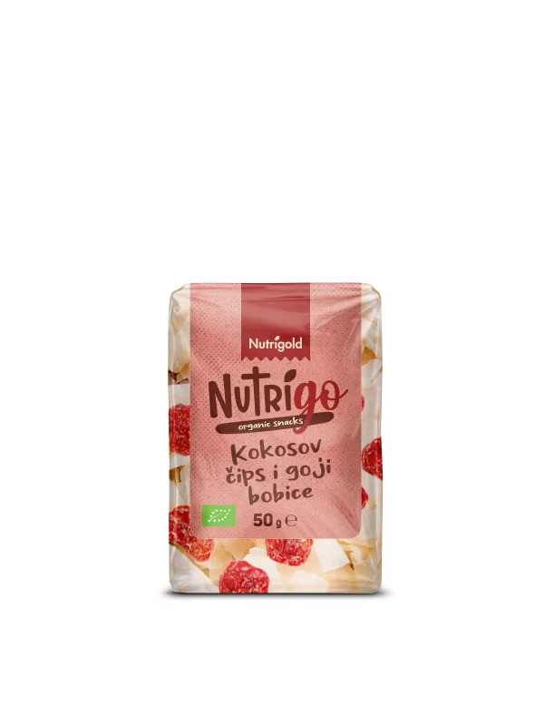 Nutrigold organic coconut chips and goji berries in a transparent packaging of 50g
